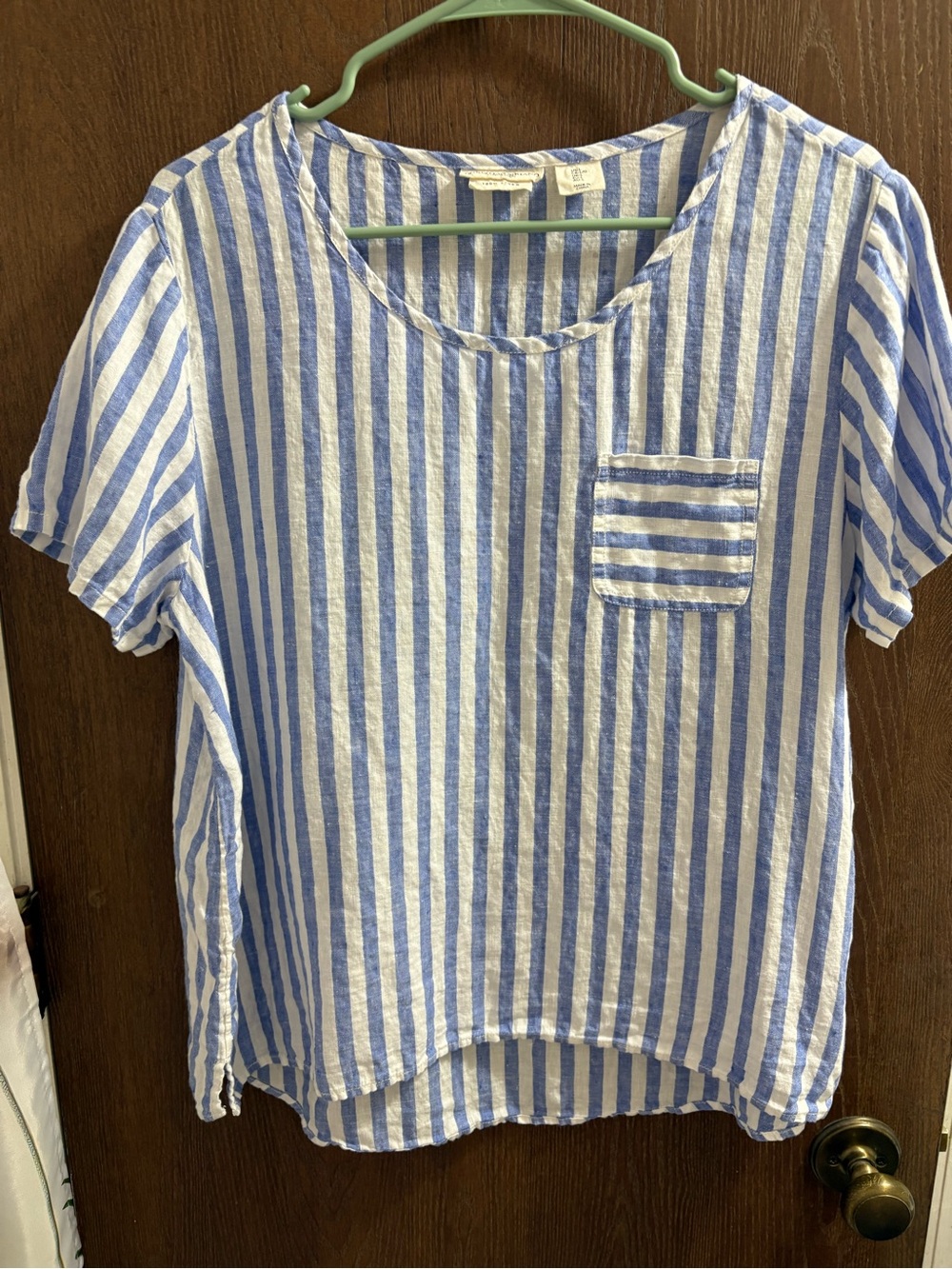 Christian Siriano Blue & White Striped Short Sleeve 100% Linen Pocket Tee